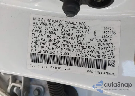 2020 Honda Civic Sport z USA, uszkodzony, nr VIN 2HGFC2F81LH586543